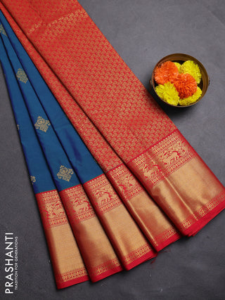 Blue & Red Semi Kanchipram Silk - Buttas