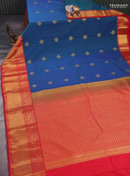 Blue & Red Semi Kanchipram Silk - Buttas