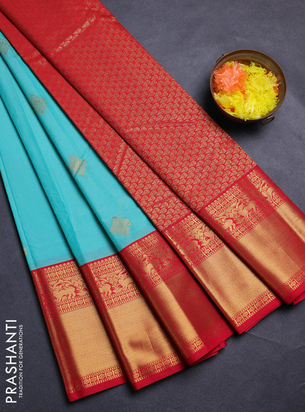 Teal Blue & Red Semi Kanchipram Silk - Buttas