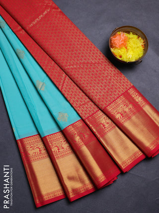 Teal Blue & Red Semi Kanchipram Silk - Buttas