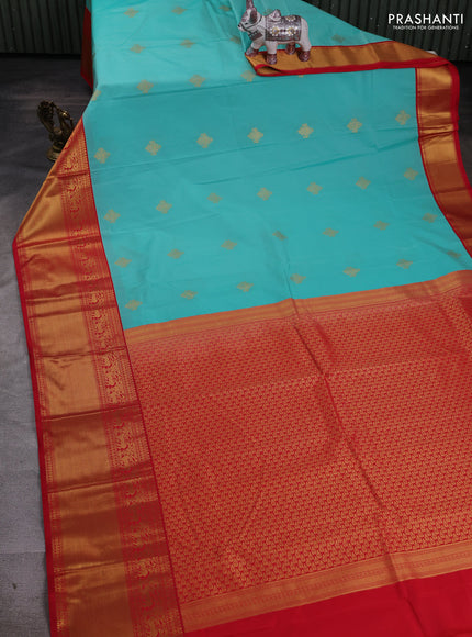 Teal Blue & Red Semi Kanchipram Silk - Buttas