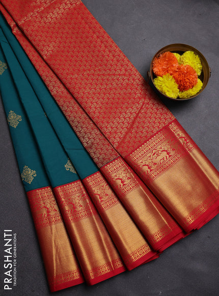Green & Red Semi Kanchipram Silk - Buttas