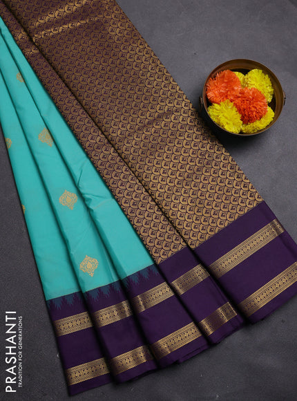 Teal Blue & Violet Semi Kanchipram Silk - Buttas