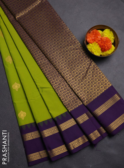 Lime Green & Violet Semi Kanchipram Silk - Buttas