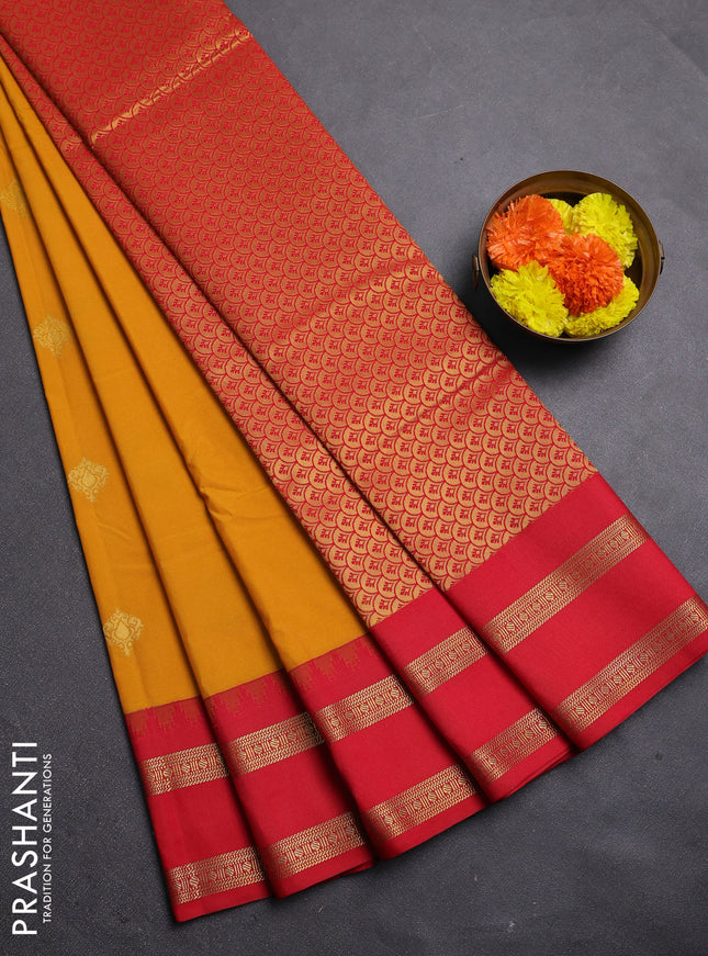 Mustard Yellow & Red Semi Kanchipram Silk - Buttas