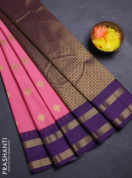 Peach Pink & Violet Semi Kanchipram Silk - Buttas