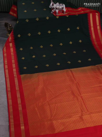 Bottle Green & Red Semi Kanchipram Silk - Buttas