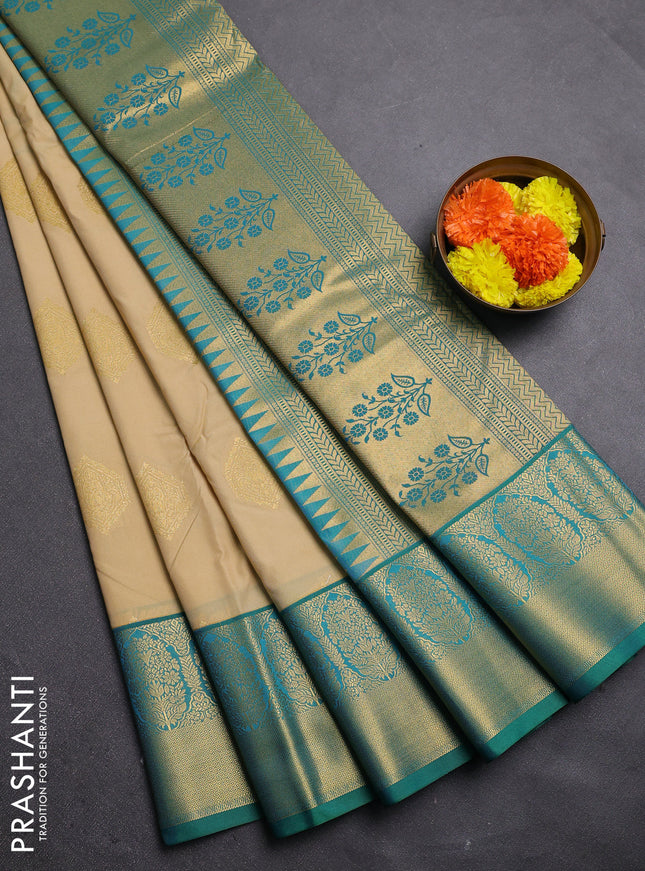 Beige & Green Semi Kanchipram Silk - Buttas