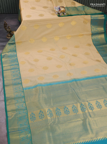Beige & Green Semi Kanchipram Silk - Buttas
