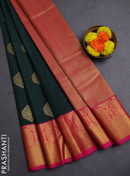Bottle Green & Pink Semi Kanchipram Silk - Buttas