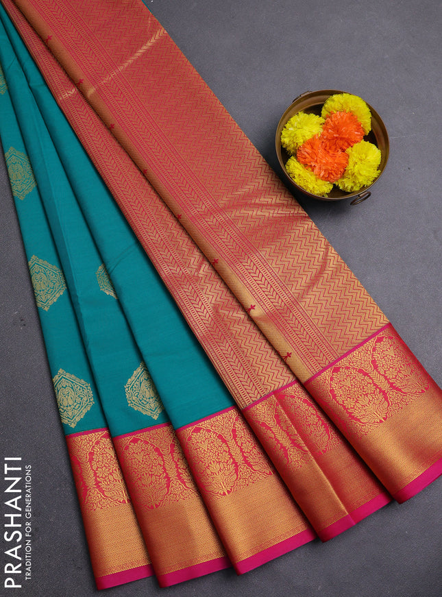 Teal Green & Pink Semi Kanchipram Silk - Buttas
