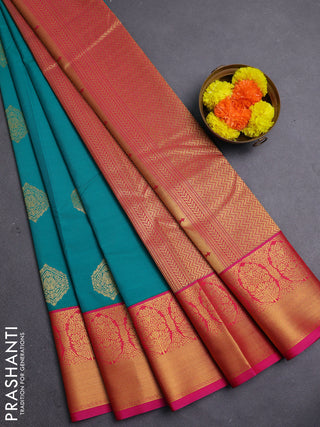 Teal Green & Pink Semi Kanchipram Silk - Buttas