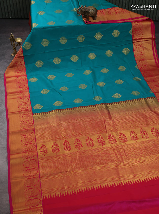 Teal Green & Pink Semi Kanchipram Silk - Buttas