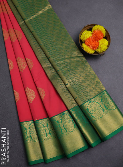 Peach Pink & Green Semi Kanchipram Silk - Buttas
