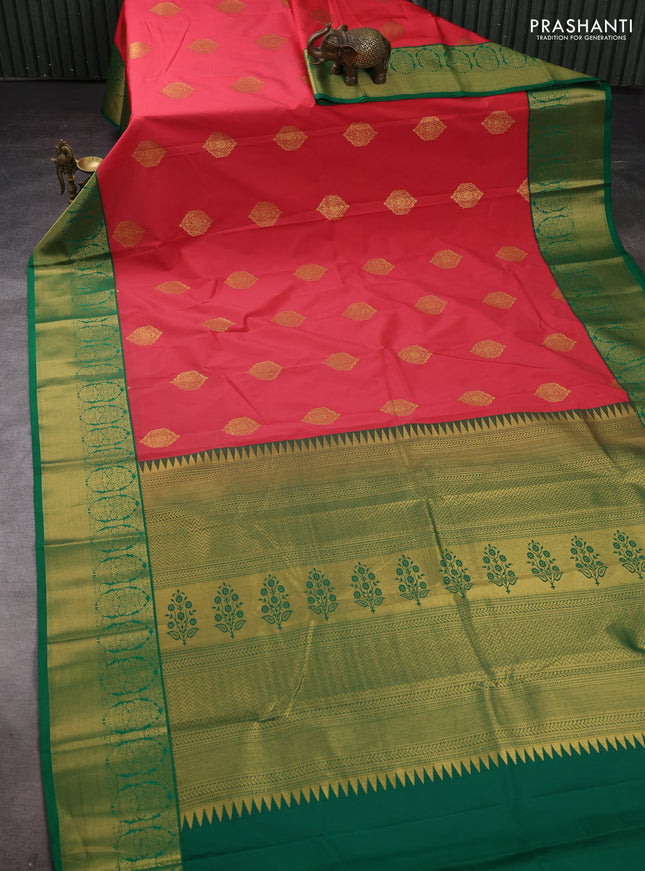Peach Pink & Green Semi Kanchipram Silk - Buttas