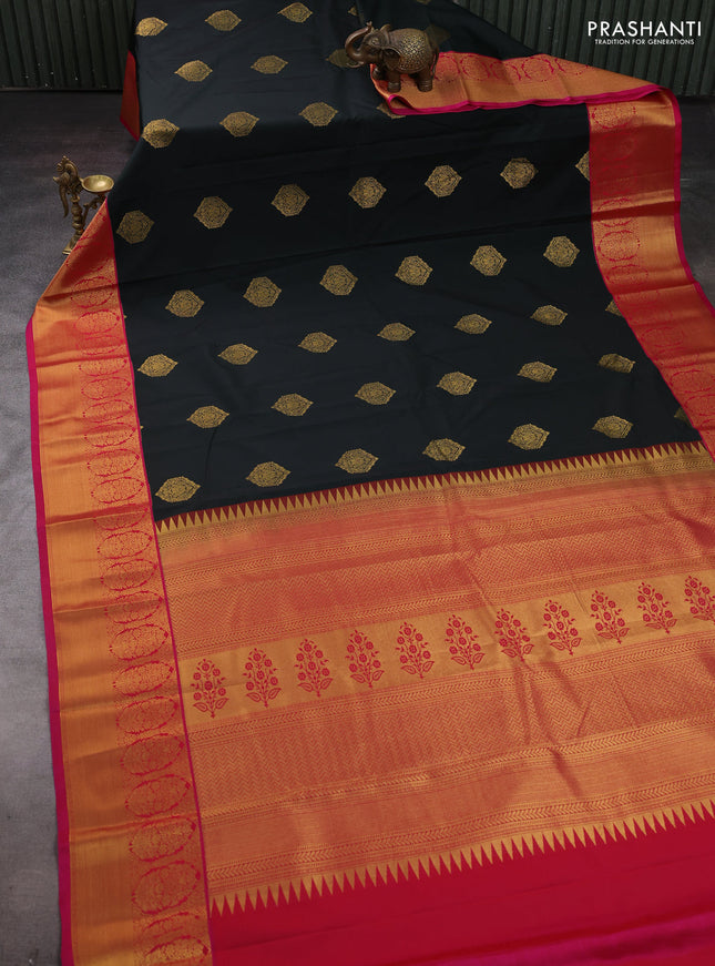 Bottle Green & Pink Semi Kanchipram Silk - Buttas