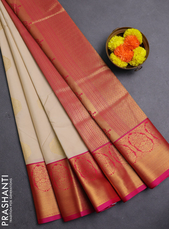 Cream & Pink Semi Kanchipram Silk - Buttas