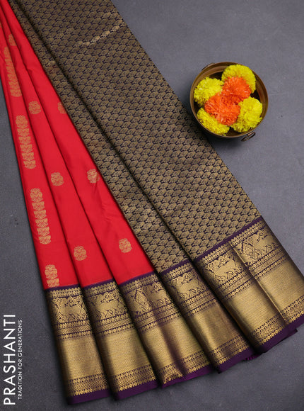Red & Purple Semi Kanchipram Silk - Buttas