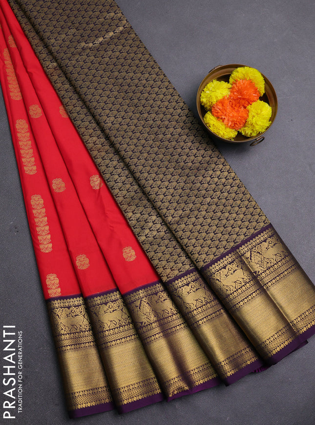 Red & Purple Semi Kanchipram Silk - Buttas