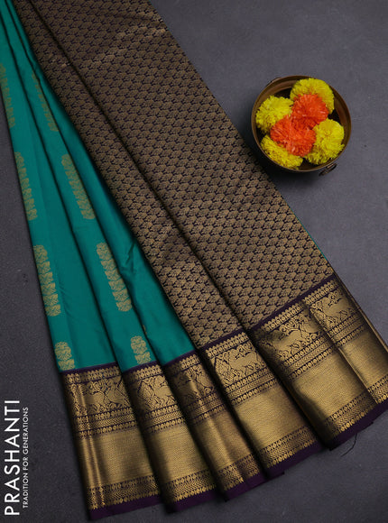 Teal Green & Purple Semi Kanchipram Silk - Buttas