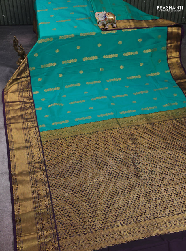 Teal Green & Purple Semi Kanchipram Silk - Buttas