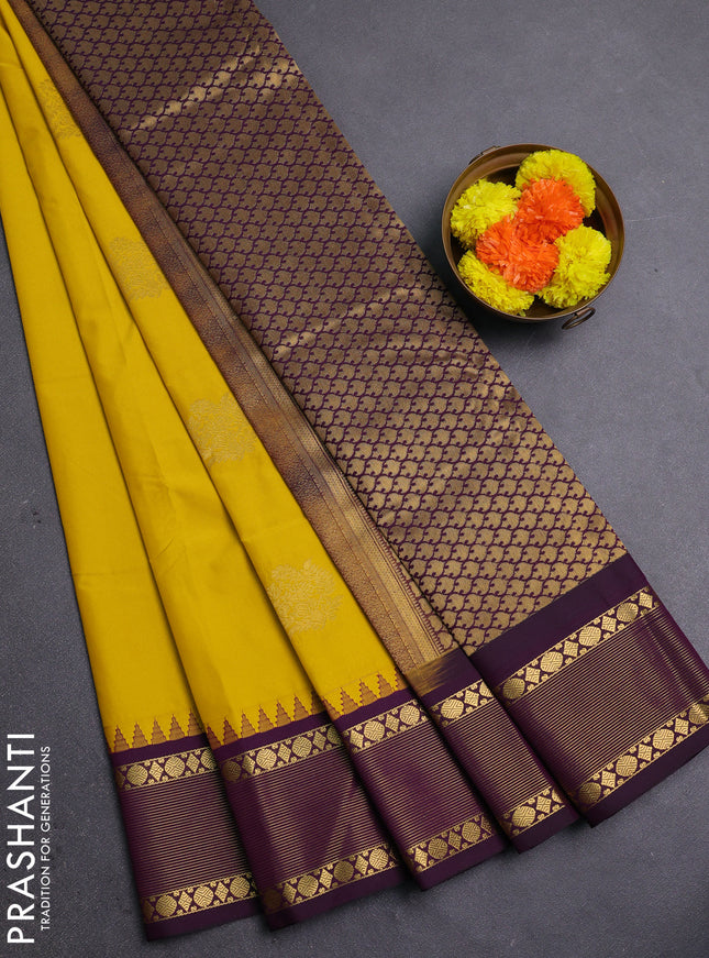 Yellow & Purple Semi Kanchipram Silk - Buttas