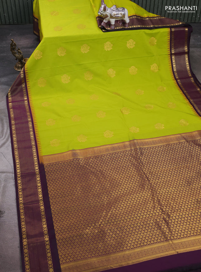 Lime Green & Purple Semi Kanchipram Silk - Buttas