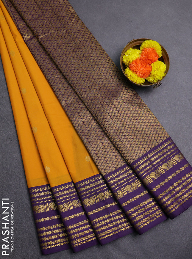 Mustard Yellow & Purple Semi Kanchipram Silk - Buttas