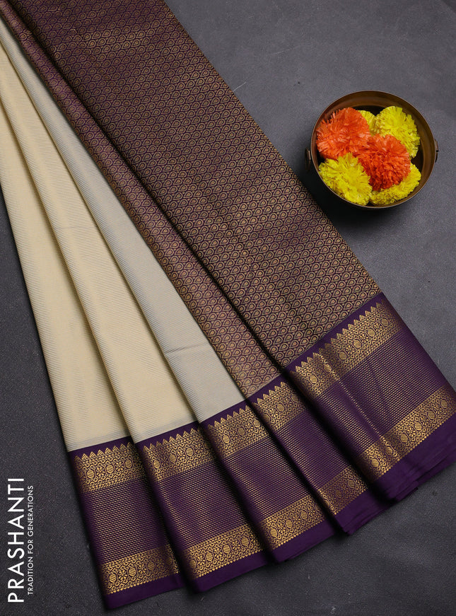 Cream & Violet Semi Kanchipram Silk - Buttas