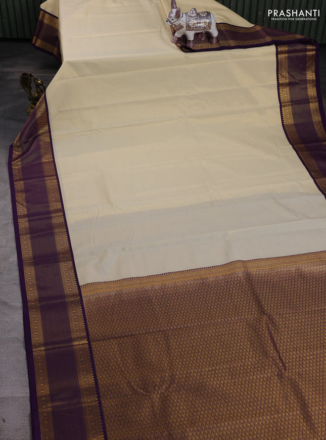 Cream & Violet Semi Kanchipram Silk - Buttas