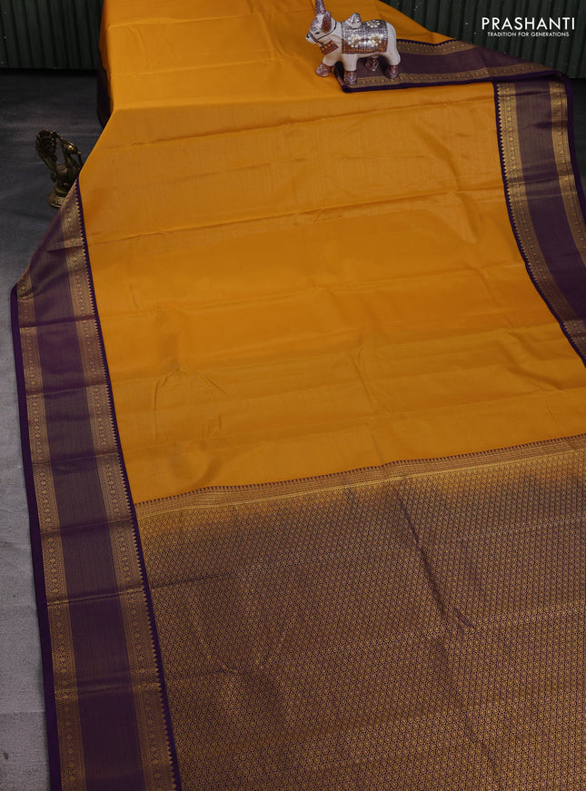 Mustard Yellow & Violet Semi Kanchipram Silk - Buttas