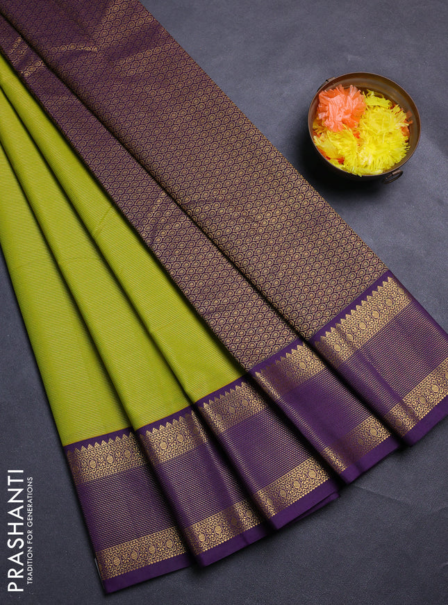 Lime Green & Violet Semi Kanchipram Silk - Buttas