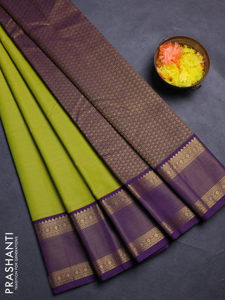 Lime Green & Violet Semi Kanchipram Silk - Buttas