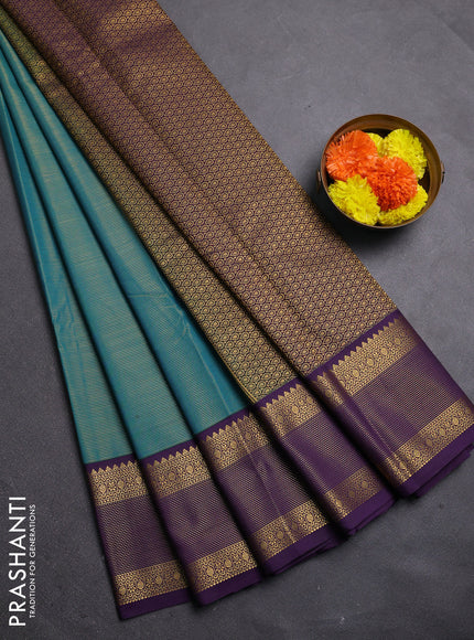 Peacock Blue & Violet Semi Kanchipram Silk - Buttas