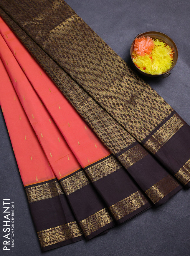 Peach Orange & Coffee Brown Semi Kanchipram Silk - Buttas