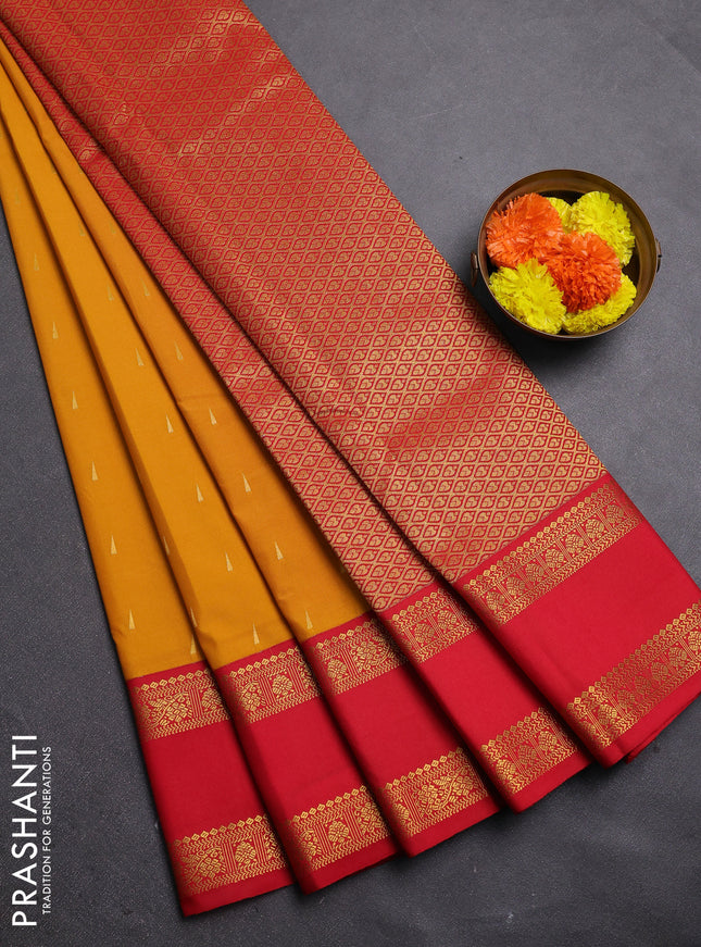 Mustard Yellow & Red Semi Kanchipram Silk - Buttas