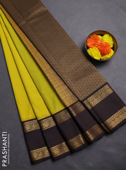 Lime Green & Coffee Brown Semi Kanchipram Silk - Buttas