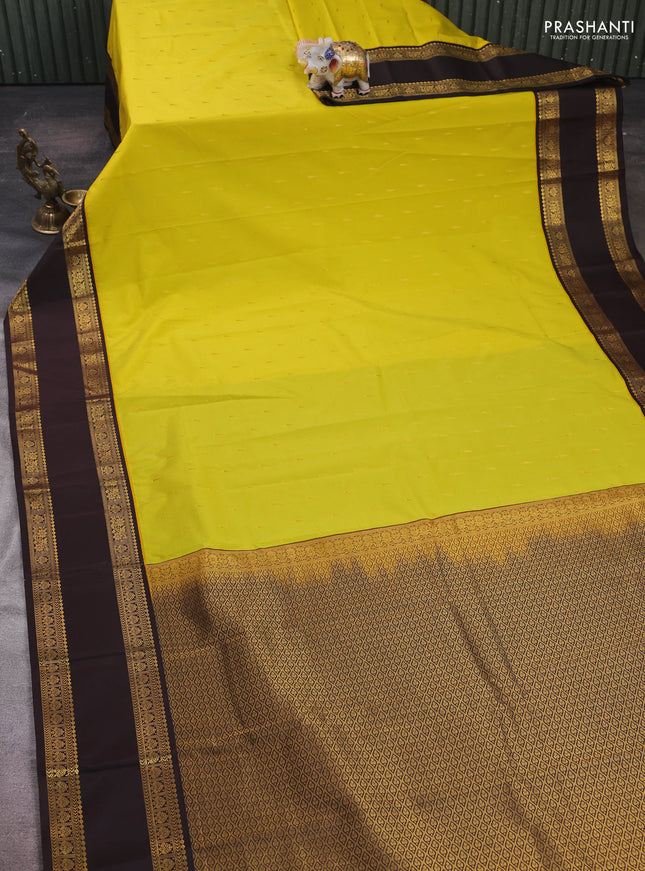 Lime Green & Coffee Brown Semi Kanchipram Silk - Buttas