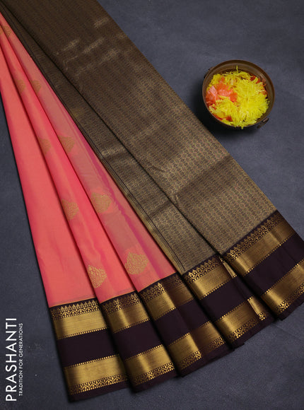 Peach Orange & Coffee Brown Semi Kanchipram Silk - Buttas