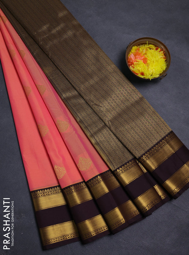 Peach Orange & Coffee Brown Semi Kanchipram Silk - Buttas