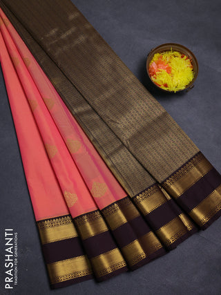 Peach Orange & Coffee Brown Semi Kanchipram Silk - Buttas