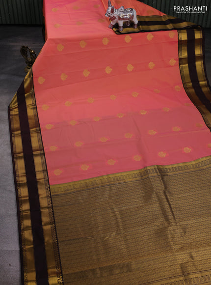 Peach Orange & Coffee Brown Semi Kanchipram Silk - Buttas