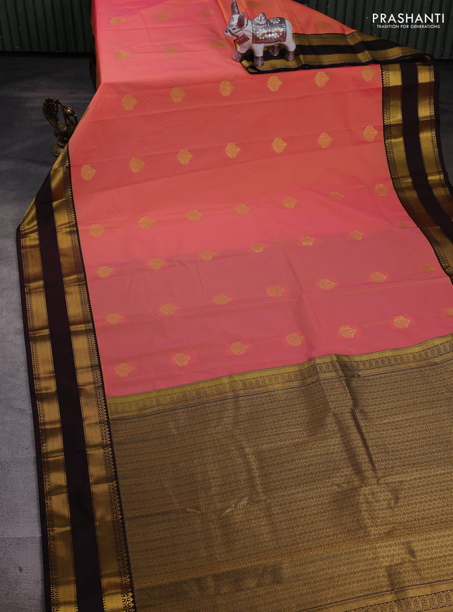 Peach Orange & Coffee Brown Semi Kanchipram Silk - Buttas