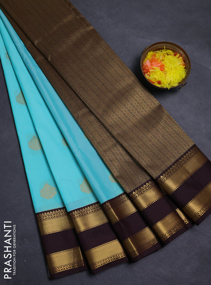 Aqua Blue & Coffee Brown Semi Kanchipram Silk - Buttas