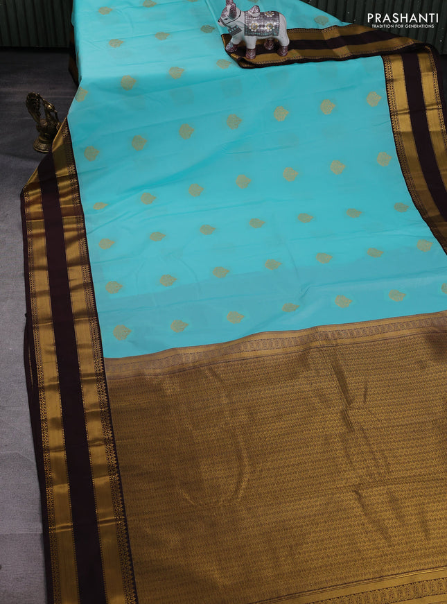 Aqua Blue & Coffee Brown Semi Kanchipram Silk - Buttas