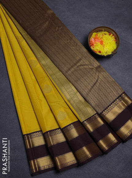 Yellow & Coffee Brown Semi Kanchipram Silk - Buttas