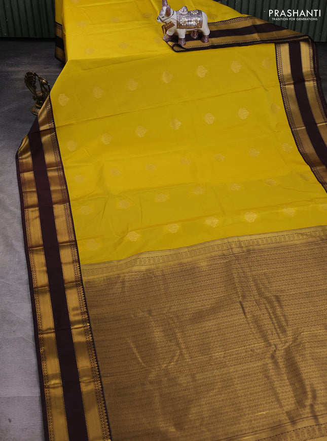 Yellow & Coffee Brown Semi Kanchipram Silk - Buttas
