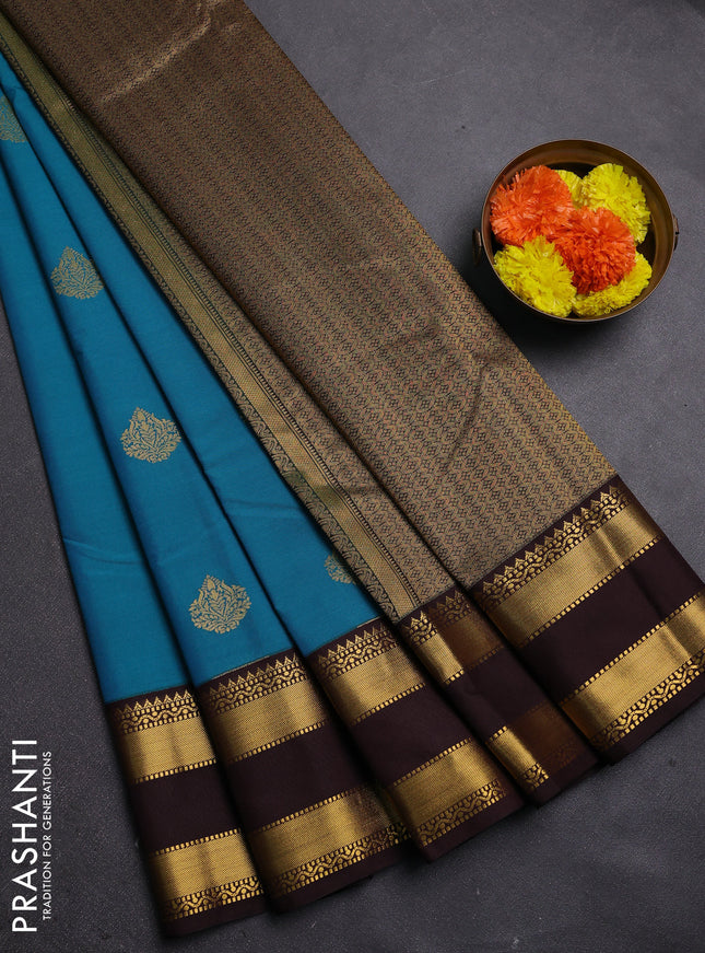 Blue & Coffee Brown Semi Kanchipram Silk - Buttas