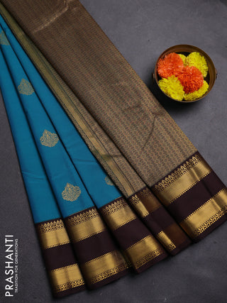 Blue & Coffee Brown Semi Kanchipram Silk - Buttas
