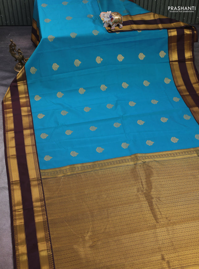 Blue & Coffee Brown Semi Kanchipram Silk - Buttas